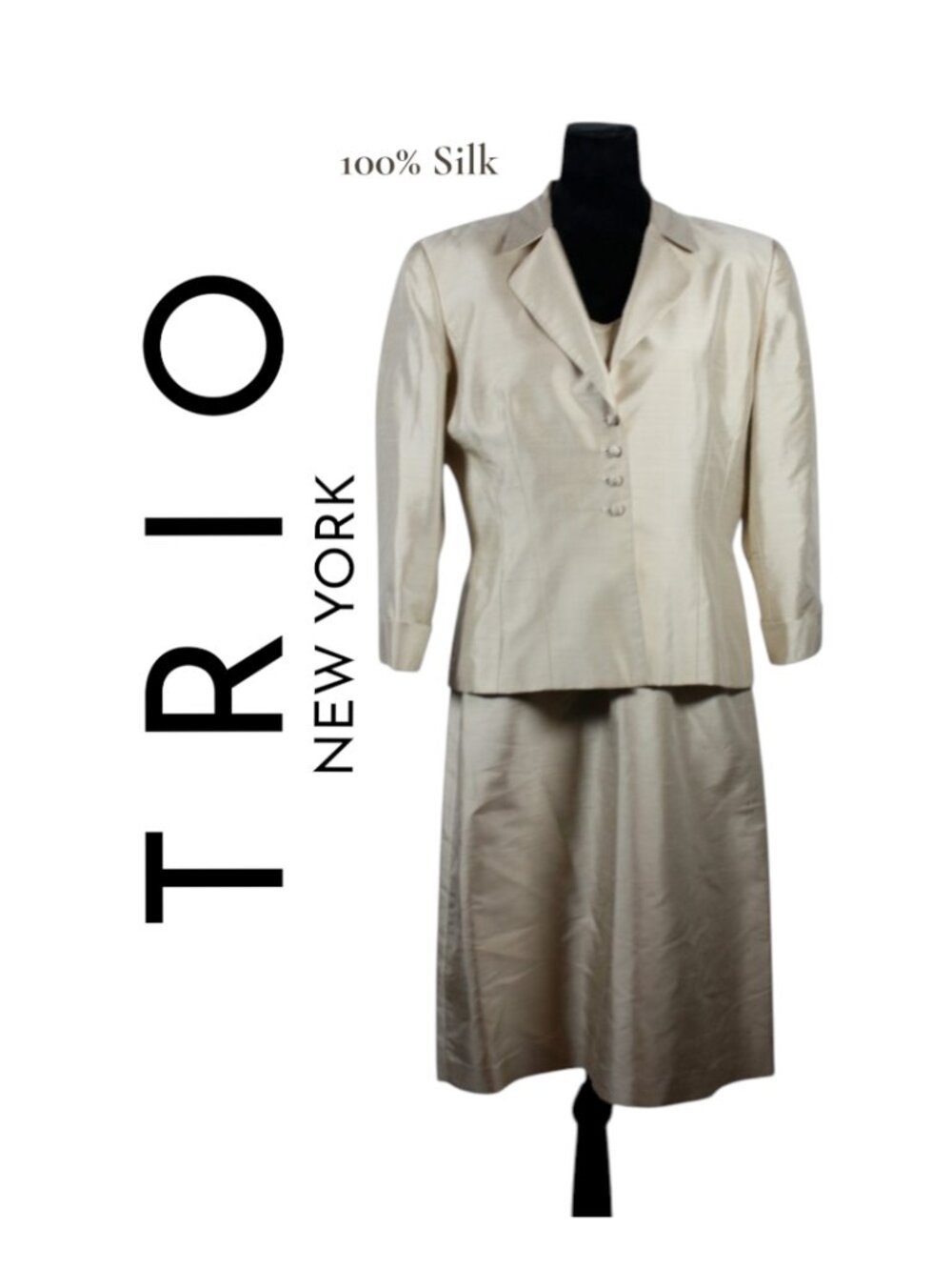 Vintage 100% Silk Cream Suit with Sleeveless Dress Size 12